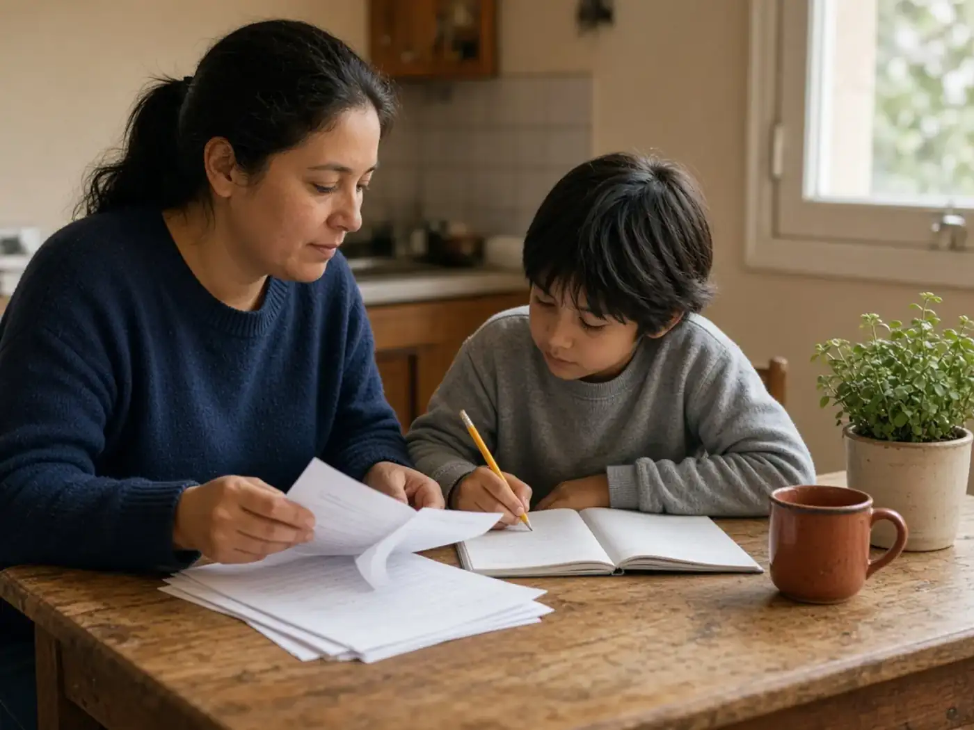 Una madre y su hijo en la mesa de la cocina: ella revisa papeles y él escribe en un cuaderno, con luz de tarde.